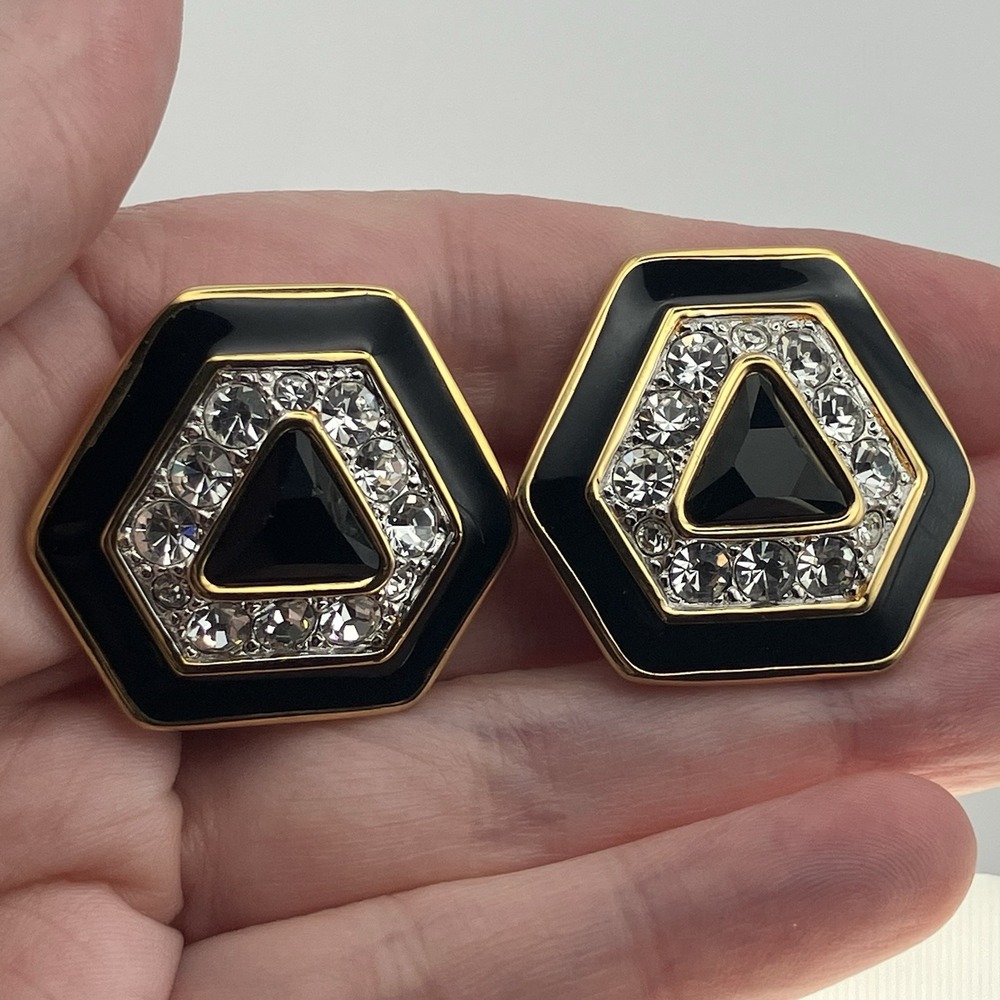 Vtg Swarovski S.A.L. Gold Tone Black Enamel Crystal Clip On Earrings‎ Old Money